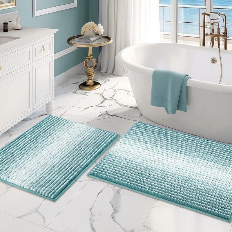 BSICPRO Bathroom Rugs and Mats Sets, 2 Piece Thick Absorbent Chenille Bath Mat Rug Set Non Slip, Soft Shaggy Bath Room Floor Mats for Bathroom, Machine Washable (Aqua Green, 20" x 32" Plus 16" x 24") - Image 1