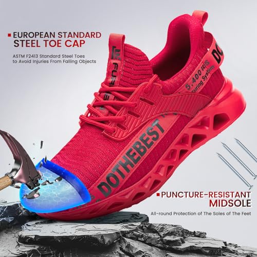 Furuian Steel Toe Shoes for Men Lightweight Indestructible Work Sneakers for Women Puncture Proof Comfortable Slip On Safety Shoes for Industrial,Coustruction Red - Image 2