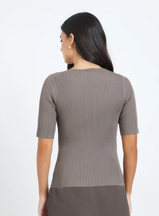 Styli Brown Brown Solid Short Sleeve Flat Knit Top for Women | Best Price UAE