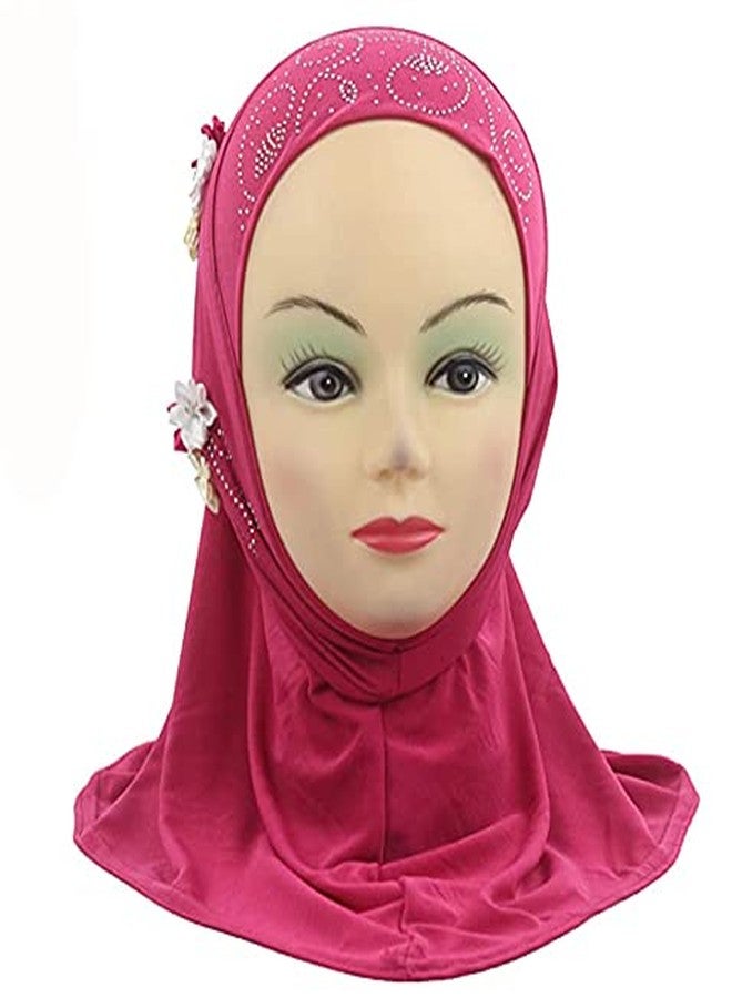 Ylucky Muslim Hijab Head Scarf Ice Silk Headwear Floral Kids Amira Hijab Islamic Head Wrap for Age 2-6 Years Girls (rosy (6 flowers)) - Image 2