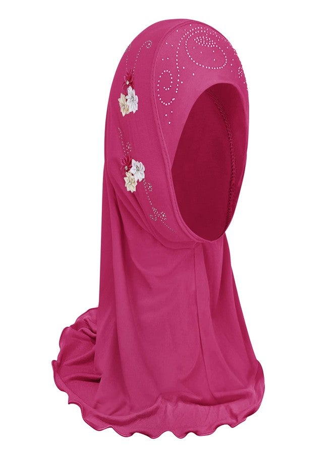 Ylucky Muslim Hijab Head Scarf Ice Silk Headwear Floral Kids Amira Hijab Islamic Head Wrap for Age 2-6 Years Girls (rosy (6 flowers)) - Image 3