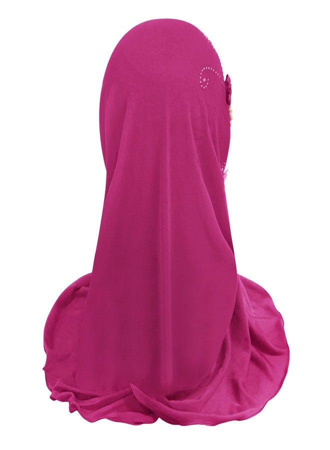 Ylucky Muslim Hijab Head Scarf Ice Silk Headwear Floral Kids Amira Hijab Islamic Head Wrap for Age 2-6 Years Girls (rosy (6 flowers)) - Image 4