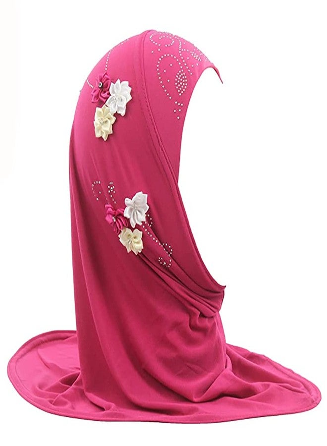 Ylucky Muslim Hijab Head Scarf Ice Silk Headwear Floral Kids Amira Hijab Islamic Head Wrap for Age 2-6 Years Girls (rosy (6 flowers)) - Image 1
