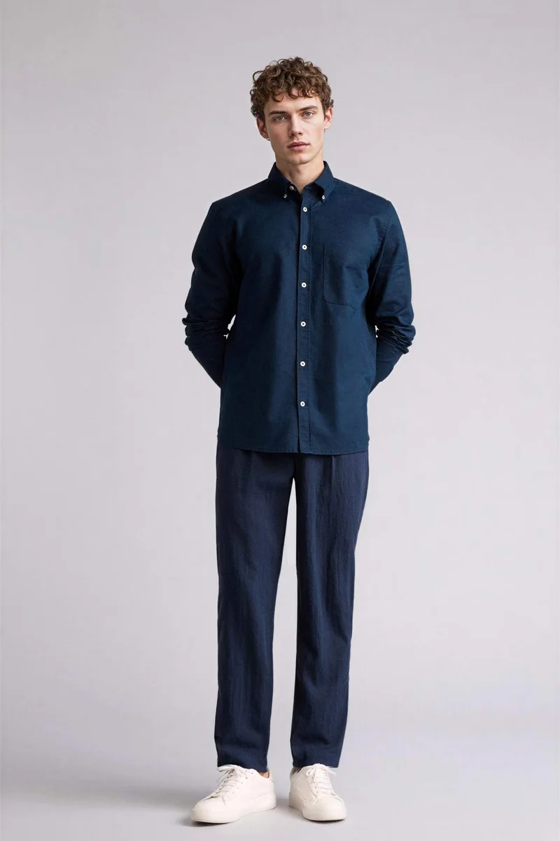 DeFacto Regular Fit Polo Collar Linen Blended Long Sleeve Shirt