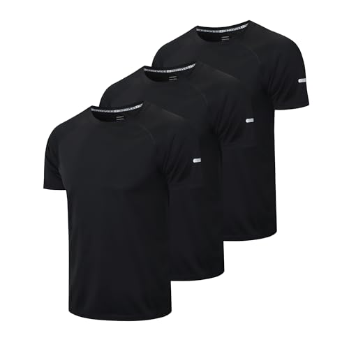 frueo 3 Pack Gym Workout Shirts for Men Quick Dry Moisture Wicking Short Sleeve Mesh Active TShirts5203BlackL
