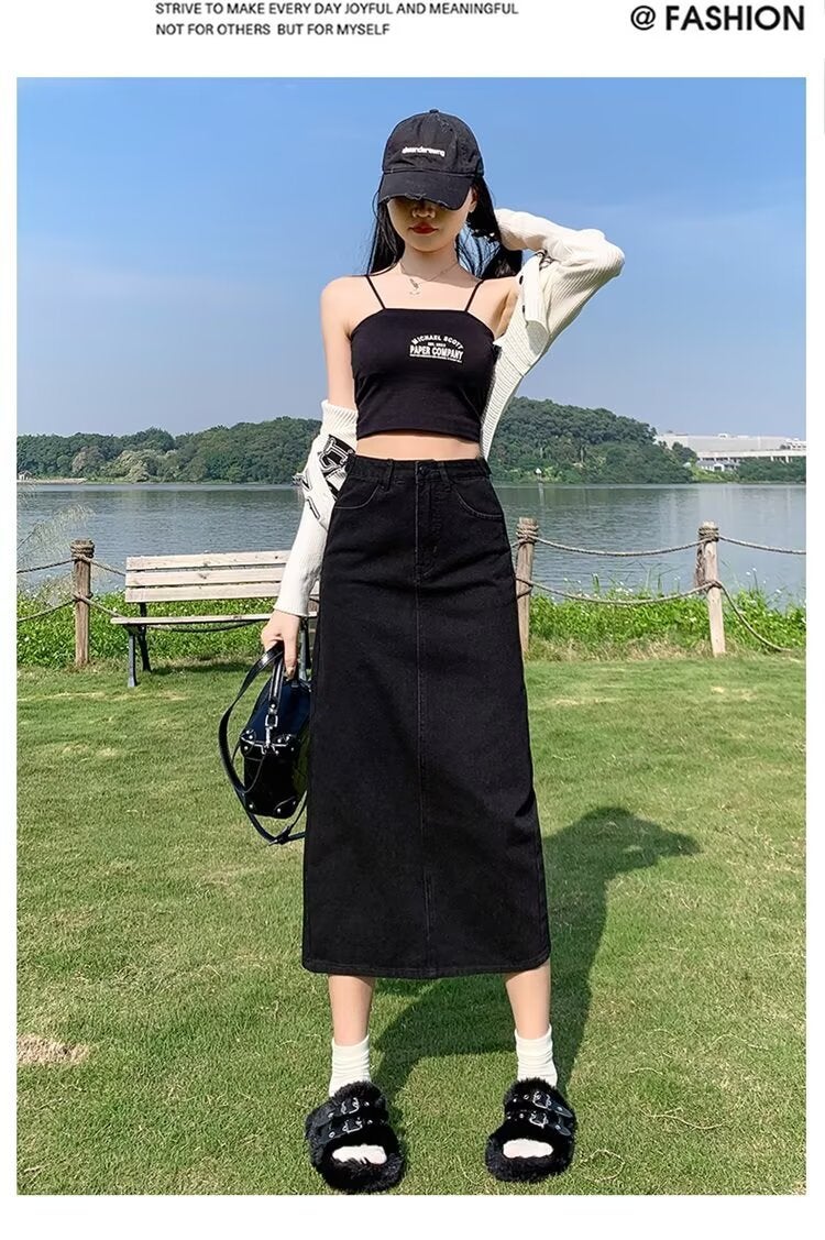 Black Denim Skirt With Slits For Small People, New Pear-Shaped Figure, Large Size, High Waist, Slimming Look And Hip-Covering Mid-Length Skirt - Image 1