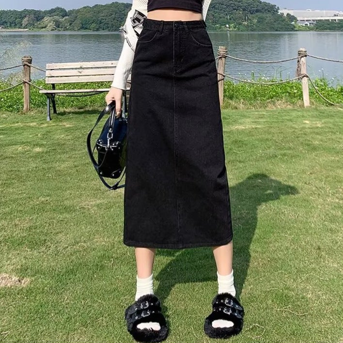 Black Denim Skirt With Slits For Small People, New Pear-Shaped Figure, Large Size, High Waist, Slimming Look And Hip-Covering Mid-Length Skirt - Image 2