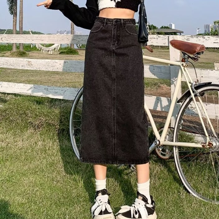 Black Denim Skirt With Slits For Small People, New Pear-Shaped Figure, Large Size, High Waist, Slimming Look And Hip-Covering Mid-Length Skirt - Image 3