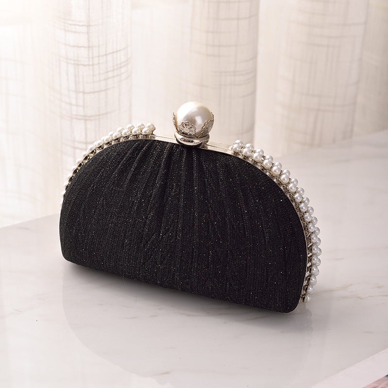 Elegant Pearl-Embellished Pleated Evening Clutch with Clasp Closure - Image 1