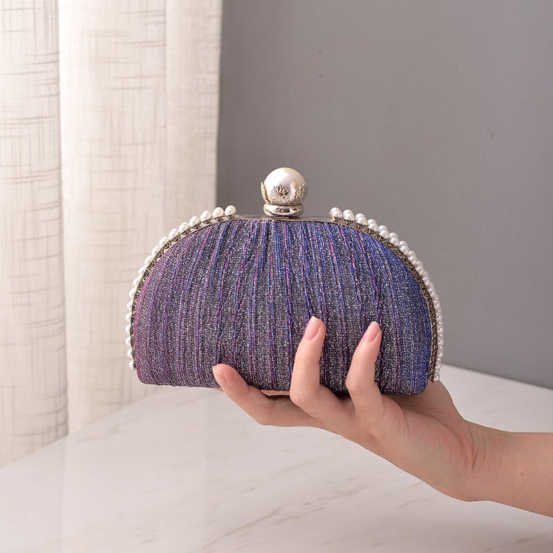 Elegant Pearl-Embellished Pleated Evening Clutch with Clasp Closure - Image 4