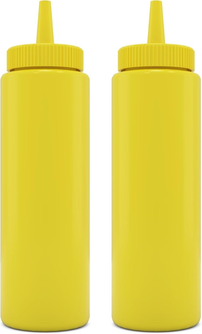 CONDIMENT SQUEEZE BOTTLES YELLOW 8 OZ EMPTY SQUIRT BOTTLE WITH WIDE NECK GREAT FOR KETCHUP MUSTARD SYRUP SAUCES DRESSING OIL BPA FREE PLASTIC 2 PACK