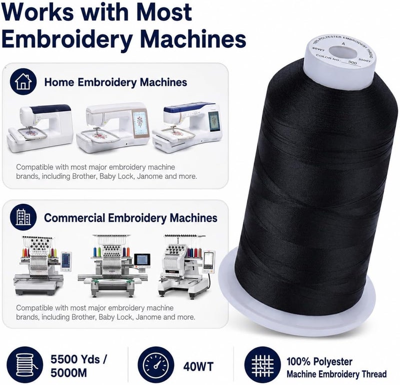 سيمثريد خيط تطريز 5500 ياردة أسود 900، 40wt 100% بوليستر لماكينات Brother، Babylock، Janome، Singer، Pfaff، Husqvarna، Bernina - Image 3