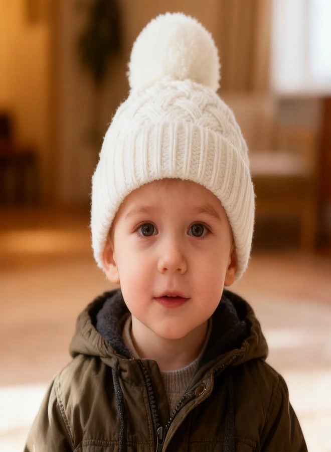 Pesaat Knit Toddler Girl Winter Hat Autumn Baby Boy Beanie Twist Infant Beanies Kids Hats with Pompom (S, White) - Image 5