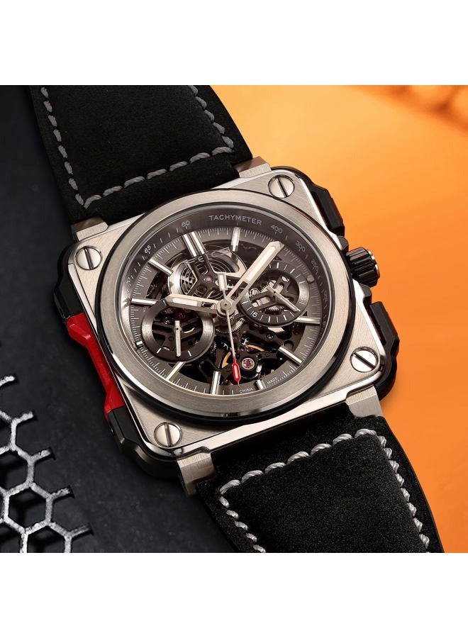 FEICE FM507 Men's Automatic Skeleton Watch Mechanical Calendar Mens Wristwatch Black Leather Strap Square Sport Luminous Clock Watches 10ATM Waterproof Sport Watches for Men. - Image 2