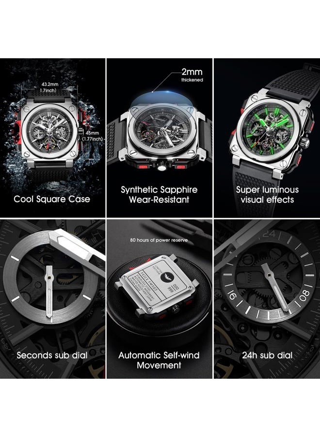 FEICE FM507 Men's Automatic Skeleton Watch Mechanical Calendar Mens Wristwatch Black Leather Strap Square Sport Luminous Clock Watches 10ATM Waterproof Sport Watches for Men. - Image 3