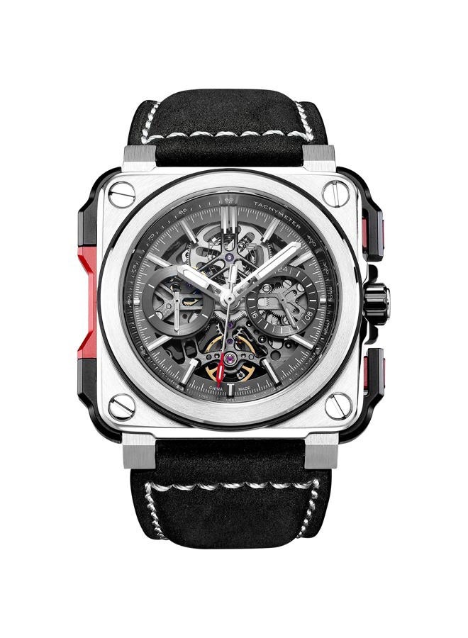 FEICE FM507 Men's Automatic Skeleton Watch Mechanical Calendar Mens Wristwatch Black Leather Strap Square Sport Luminous Clock Watches 10ATM Waterproof Sport Watches for Men. - Image 1