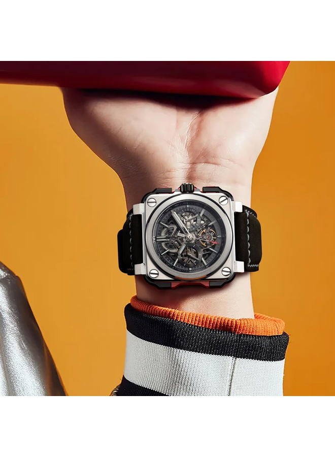 FEICE FM507 Men's Automatic Skeleton Watch Mechanical Calendar Mens Wristwatch Black Leather Strap Square Sport Luminous Clock Watches 10ATM Waterproof Sport Watches for Men. - Image 5