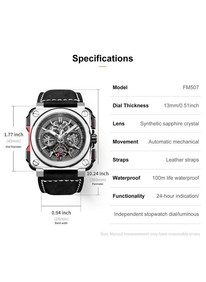 FEICE FM507 Men's Automatic Skeleton Watch Mechanical Calendar Mens Wristwatch Black Leather Strap Square Sport Luminous Clock Watches 10ATM Waterproof Sport Watches for Men. - Image 4