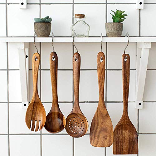 TEZZ Wood Kitchen Utensils Set, 5 PCs Natural Acacia Wooden Spoons For Cooking for Non-stick Skillet, Utensil set For Cooking With Soup Ladle and Wok Spatulas, Salad fork, Spurtles for Cooking - Image 3