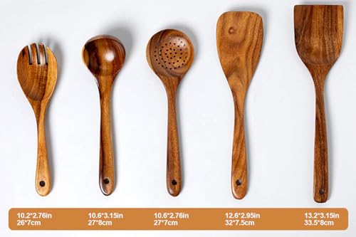 TEZZ Wood Kitchen Utensils Set, 5 PCs Natural Acacia Wooden Spoons For Cooking for Non-stick Skillet, Utensil set For Cooking With Soup Ladle and Wok Spatulas, Salad fork, Spurtles for Cooking - Image 4