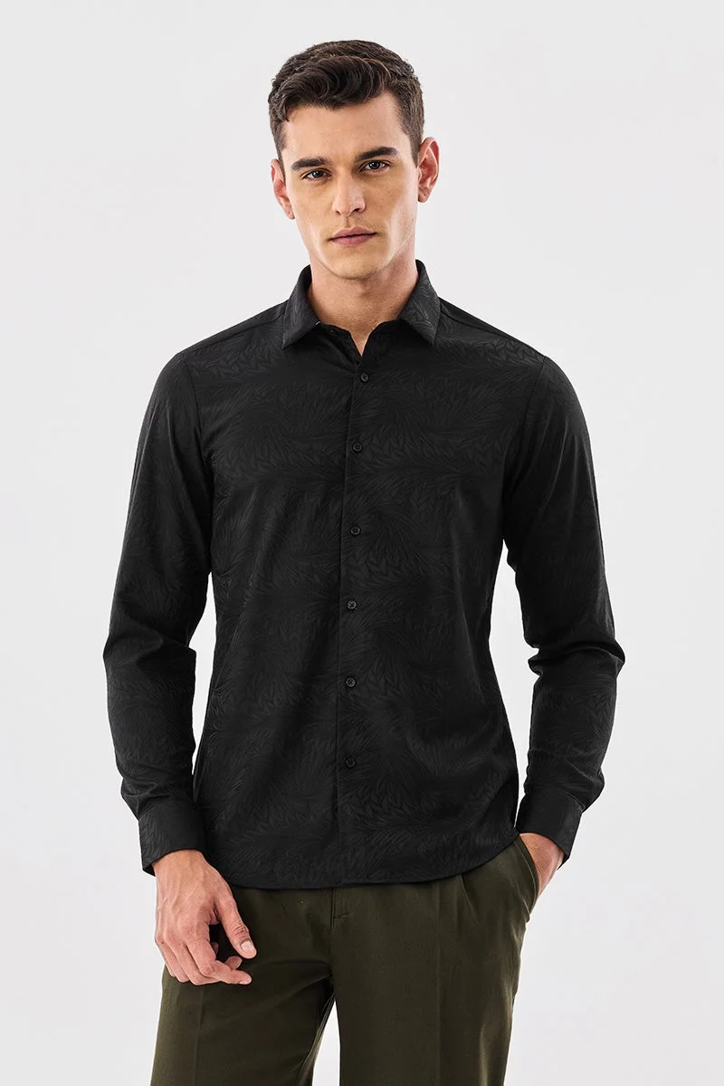 SNITCH Black Textured Long Sleeve Slim Fit Shirt