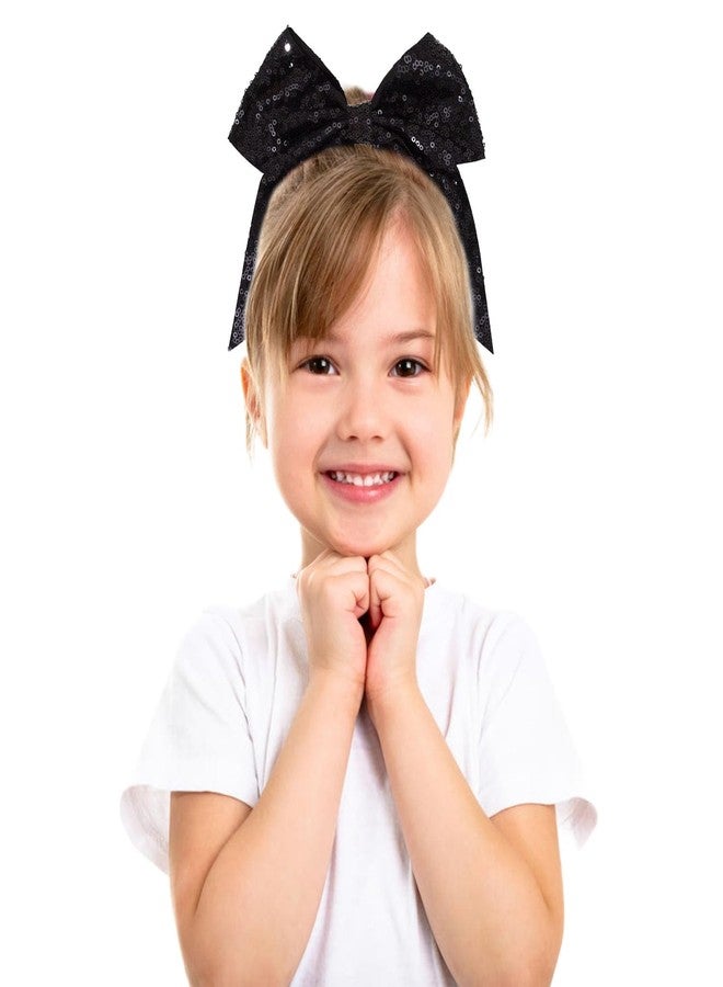 Jeffan 12 Pieces 8 Inch Black Cheer Bows Glitter Jumbo Cheerleading Bow with Elastic Ponytail Holder Bow Hair Tie Band Hair Accessories for School Girls Toddlers - Image 4