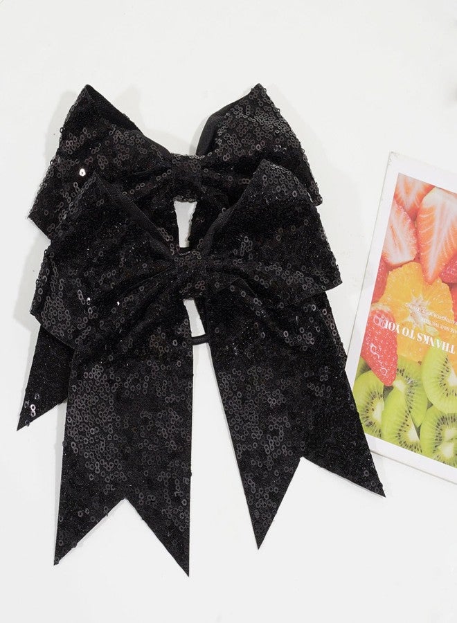 Jeffan 12 Pieces 8 Inch Black Cheer Bows Glitter Jumbo Cheerleading Bow with Elastic Ponytail Holder Bow Hair Tie Band Hair Accessories for School Girls Toddlers - Image 3