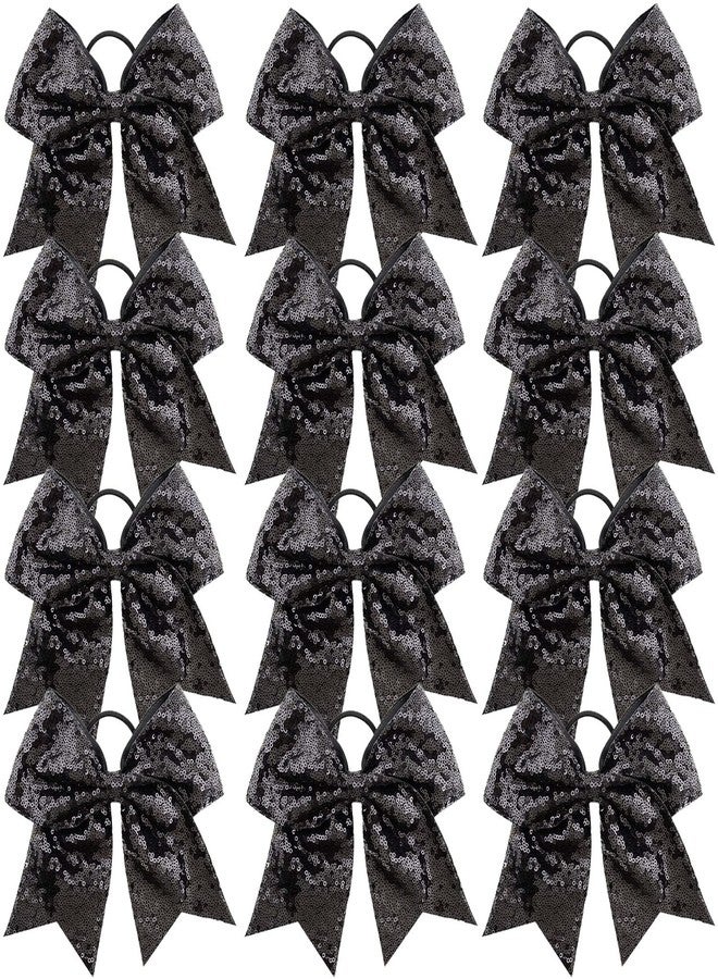 Jeffan 12 Pieces 8 Inch Black Cheer Bows Glitter Jumbo Cheerleading Bow with Elastic Ponytail Holder Bow Hair Tie Band Hair Accessories for School Girls Toddlers - Image 1
