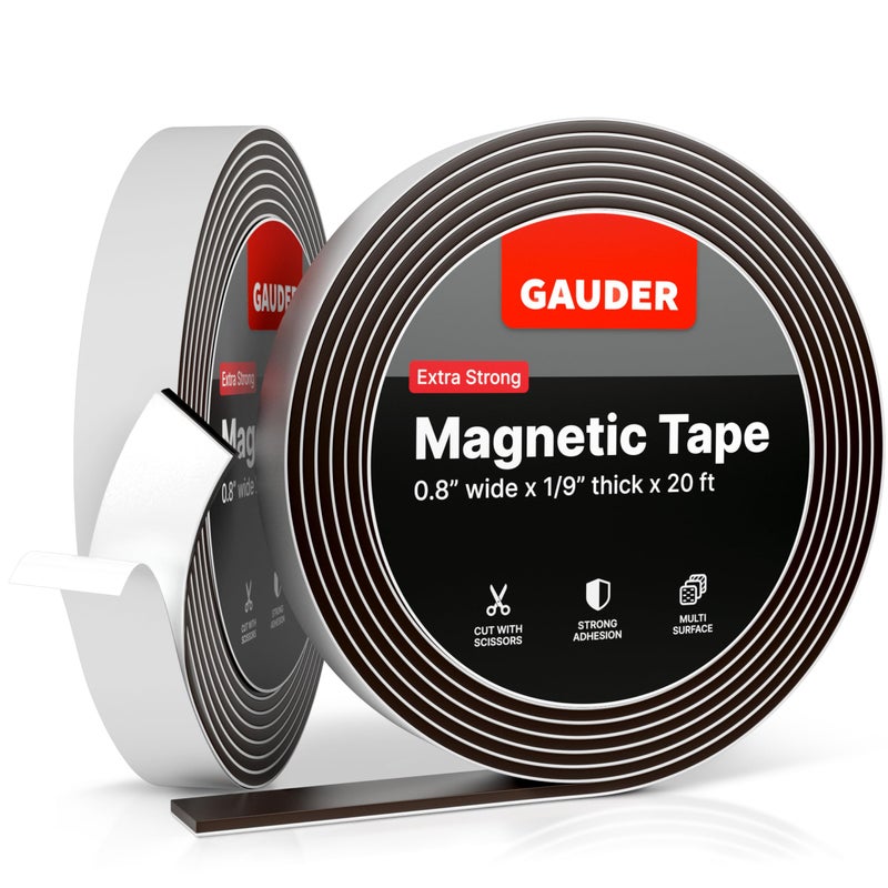 GAUDER Magnetic Tape Extra Strong | Magnetic Strips Extremely Self Adhesive (10' Long x 0.8" Wide x 1/9" Thick) | Magnet Roll - Image 1