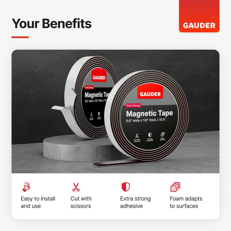 GAUDER Magnetic Tape Extra Strong | Magnetic Strips Extremely Self Adhesive (10' Long x 0.8" Wide x 1/9" Thick) | Magnet Roll - Image 2