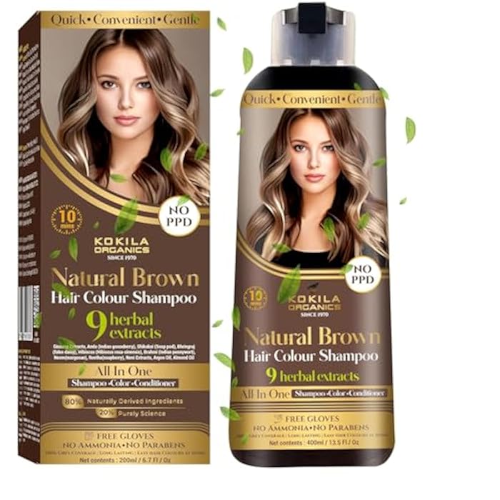 Kokila NO PPD Shampoo Natural Brown Hair Colour 400ml for Women and Men, Natural Extracts, Colours Hair in 10 Minutes | Ammonia Free, Paraben Free - 10 Pair Free Gloves - Image 1