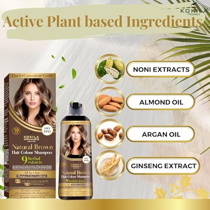 Kokila NO PPD Shampoo Natural Brown Hair Colour 400ml for Women and Men, Natural Extracts, Colours Hair in 10 Minutes | Ammonia Free, Paraben Free - 10 Pair Free Gloves - Image 2