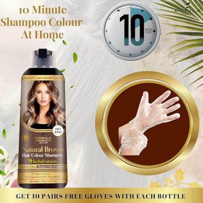 Kokila NO PPD Shampoo Natural Brown Hair Colour 400ml for Women and Men, Natural Extracts, Colours Hair in 10 Minutes | Ammonia Free, Paraben Free - 10 Pair Free Gloves - Image 3