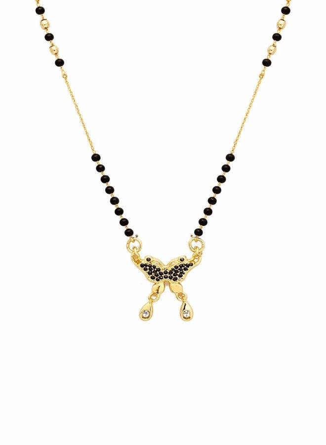 VIEN Gold Plated Butterfly Mangalsutra Necklace for Women with Black Beads & CZ Drop Pendant, Stylish Short Mangalsutra Chain Daily Wear Jewellery Gift for Wife - Image 1