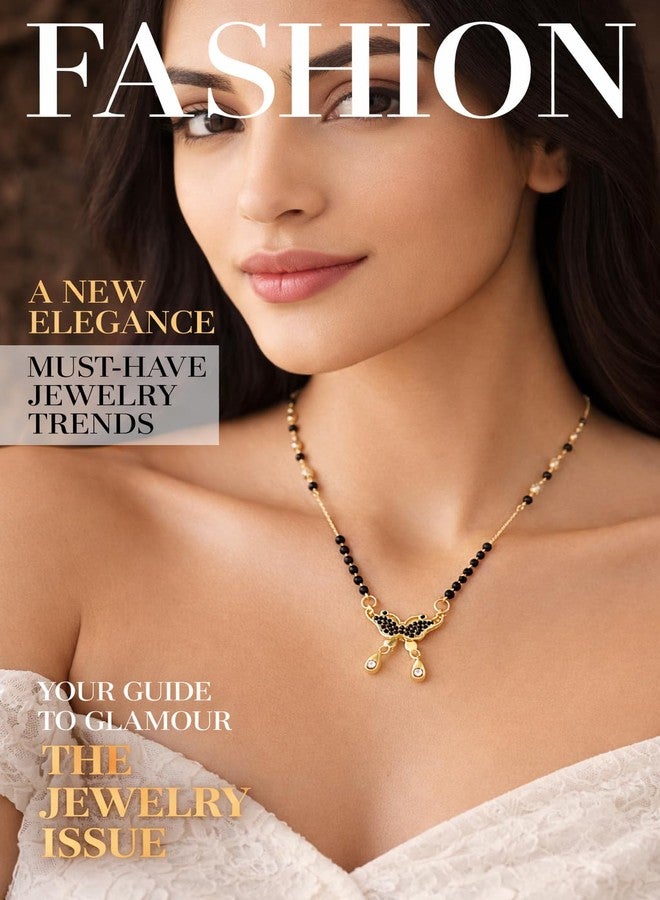 VIEN Gold Plated Butterfly Mangalsutra Necklace for Women with Black Beads & CZ Drop Pendant, Stylish Short Mangalsutra Chain Daily Wear Jewellery Gift for Wife - Image 5