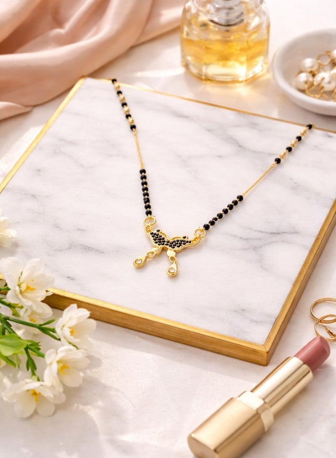 VIEN Gold Plated Butterfly Mangalsutra Necklace for Women with Black Beads & CZ Drop Pendant, Stylish Short Mangalsutra Chain Daily Wear Jewellery Gift for Wife - Image 4