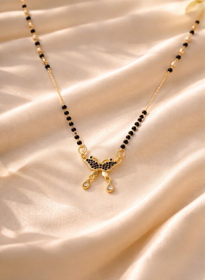 VIEN Gold Plated Butterfly Mangalsutra Necklace for Women with Black Beads & CZ Drop Pendant, Stylish Short Mangalsutra Chain Daily Wear Jewellery Gift for Wife - Image 3