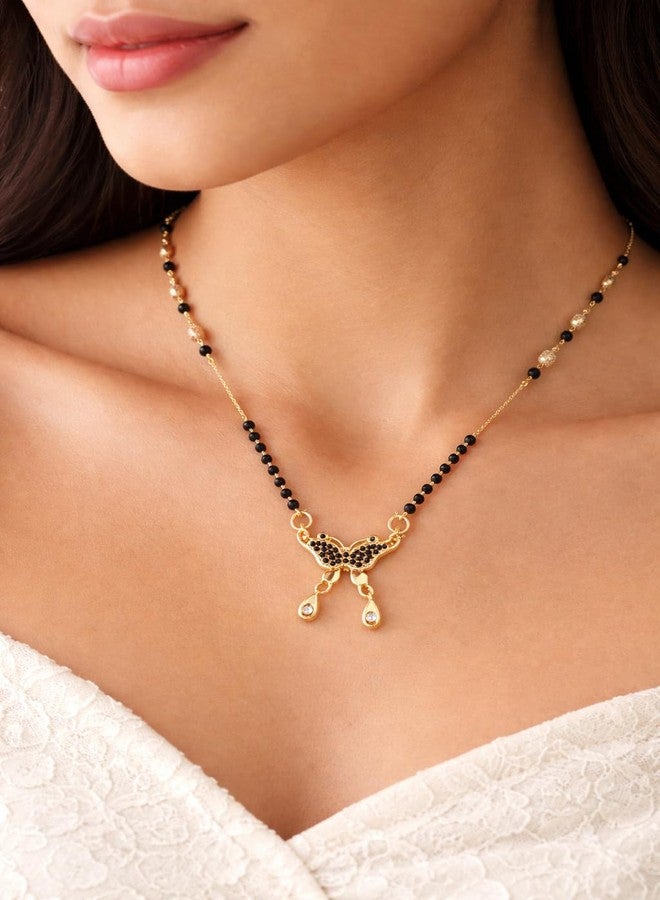 VIEN Gold Plated Butterfly Mangalsutra Necklace for Women with Black Beads & CZ Drop Pendant, Stylish Short Mangalsutra Chain Daily Wear Jewellery Gift for Wife - Image 2
