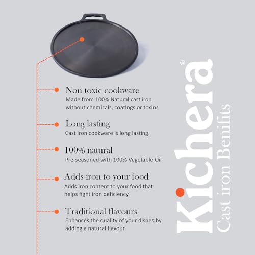 Kichera Pre Seasoned Single Handle Cast Iron DosaTawa | Roti Pan 11 Inch | Non-Stick Cookware for Perfect Dosa & Roti 28cm Diameter, 2.1kg | Induction Friendly | Pure & Toxin-Free - Image 5