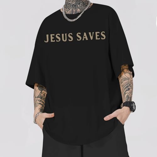 Lubpow Christian Shirts for Men Jesus Saves Shirt Religious Faith Tshirt Inspirational Bible Verse Graphic Tee Tops(Black,M) - Image 2