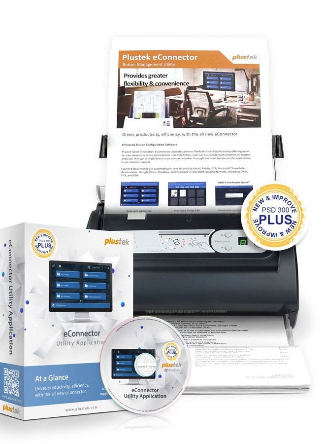 Plustek PSD300 Plus Document Scanner with ADF, Directly scan to Cloud, SharePoint, Office 365 and Built-in Barcode Recognition Function - Image 1