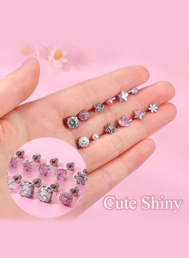 Sweet Life 12 Pairs Small Stud Earrings for Girls Hypoallergenic Earring Inlaid Cubic Zirconia Earring Surgical Stainless Studs Tiny Screw Back Cartilage Earrings for Women Girls - Image 2