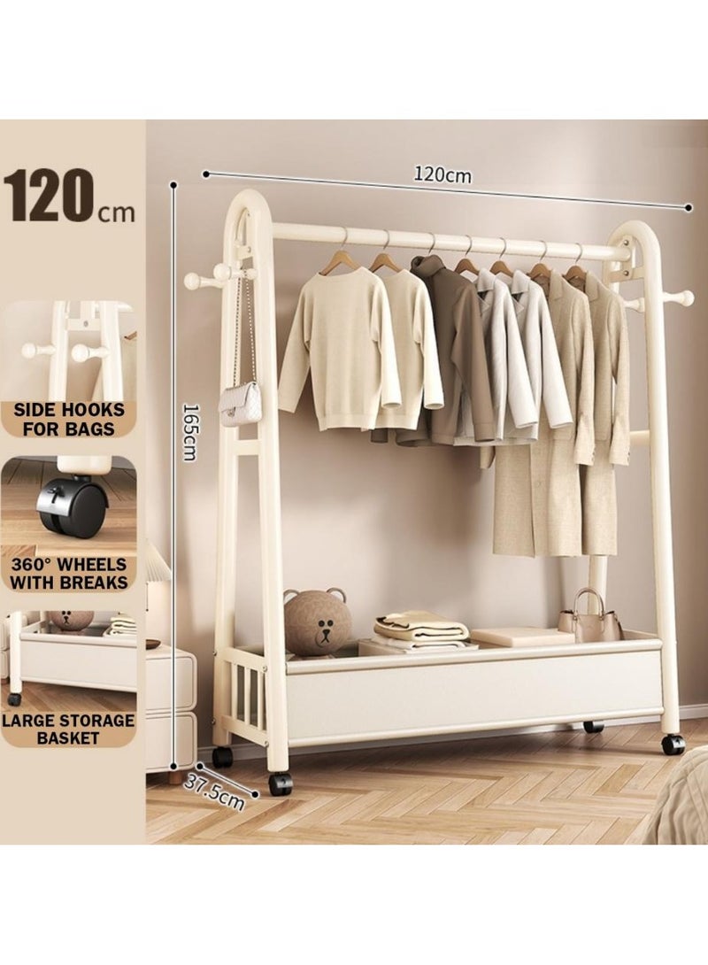 AIWANTO 120CM Heavy-Duty Freestanding Clothes Rack – Leather Storage Basket, Modern White Finish, All-in-One Organizer for Clothes, Shoes & Bags  - Image 2