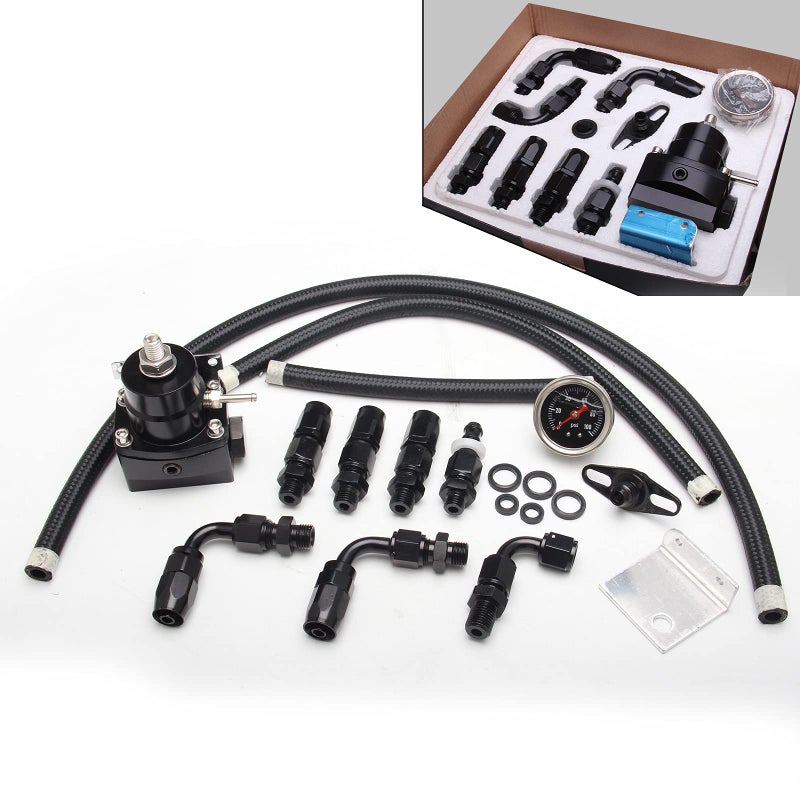 WENJTP EFI Fuel Pressure Regulator Kit with 0100psi Pressure Gauge AN66AN Aluminum Adjustable Universal Fuel Line Hose Fitting Connectors Kit Black HTRACING