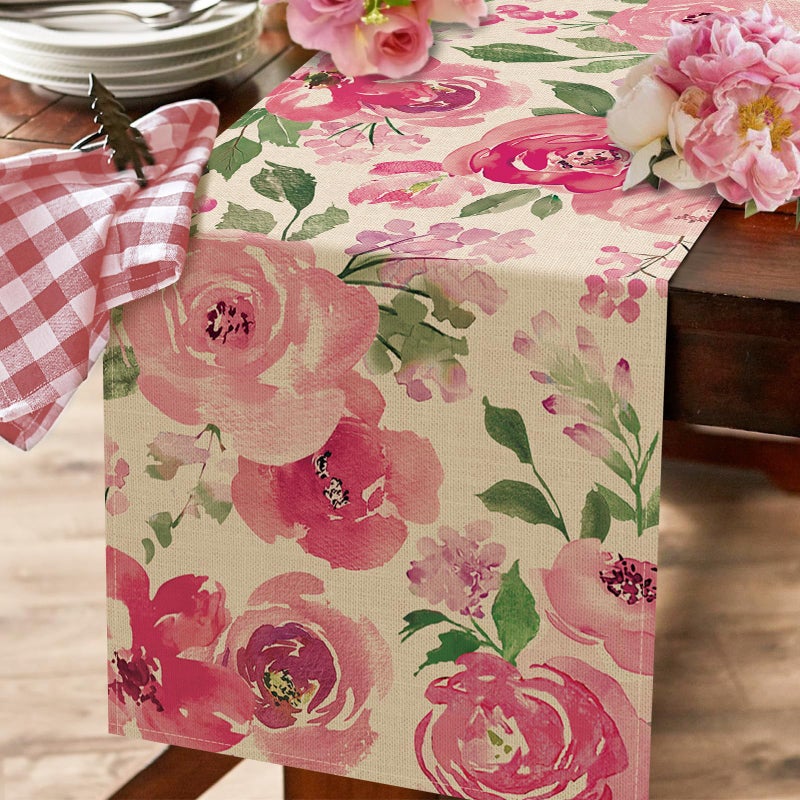Seliem Spring Summer Watercolor Flower Table Runner, Pink Peony Floral Kitchen Dining Table Decor, Seasonal Burlap Home Decoration Indoor Outdoor Party Supply 13 x 72 Inches - Image 5