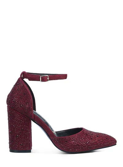 London Rag Microfiber Diamante Block Heeled Sandal in Burgundy