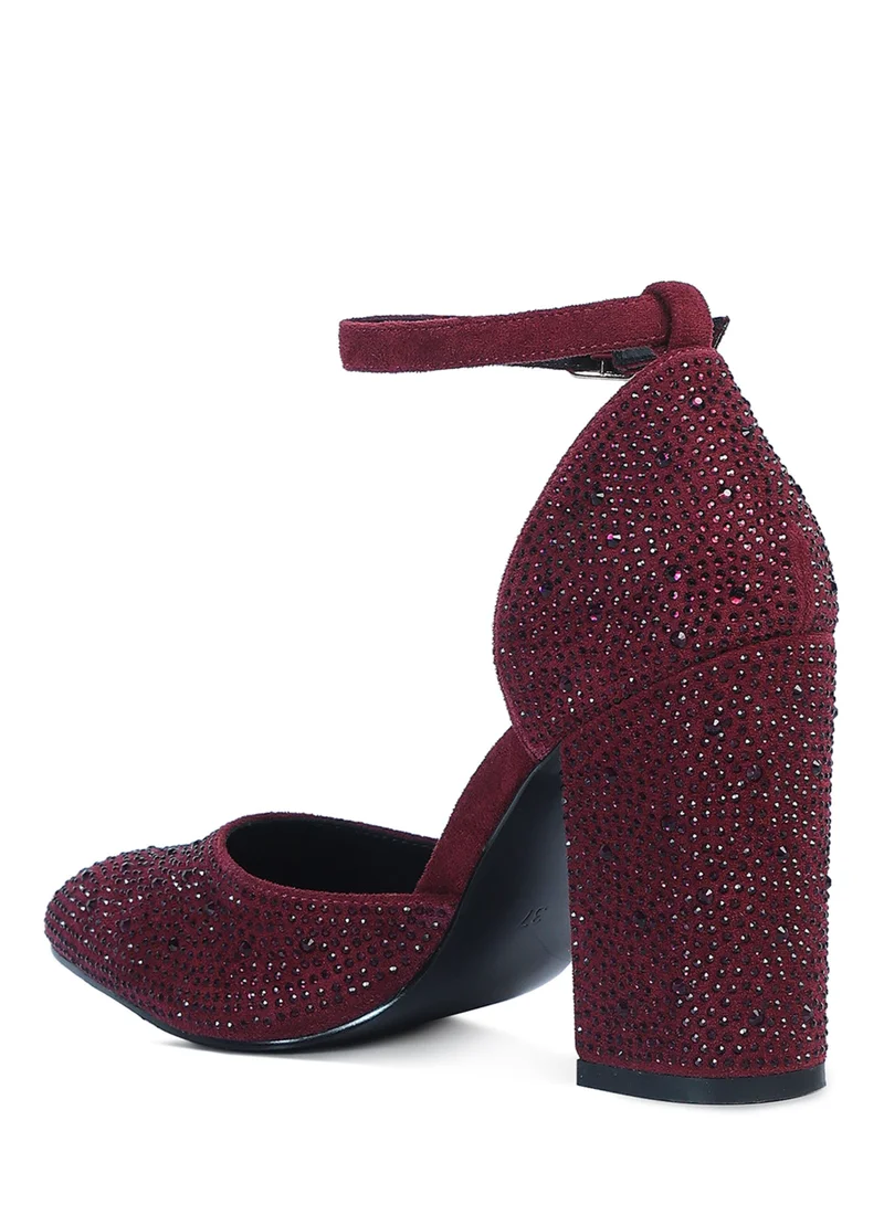 London Rag Microfiber Diamante Block Heeled Sandal in Burgundy