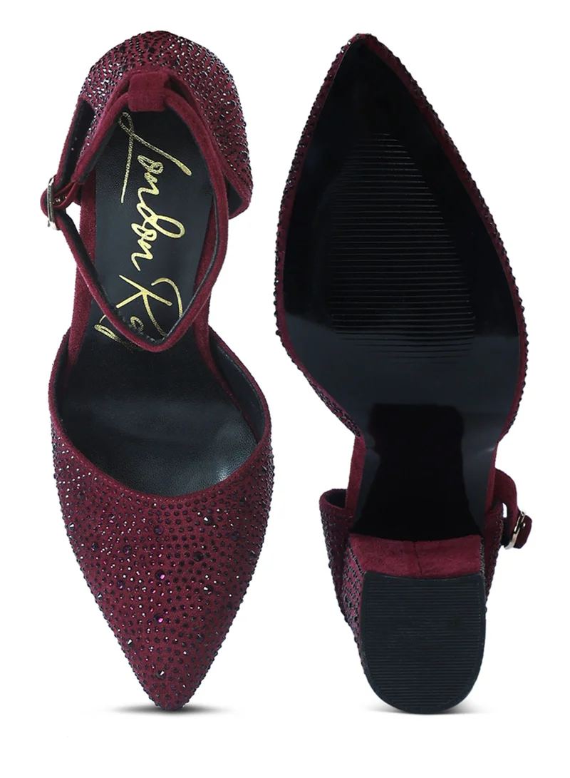 London Rag Microfiber Diamante Block Heeled Sandal in Burgundy