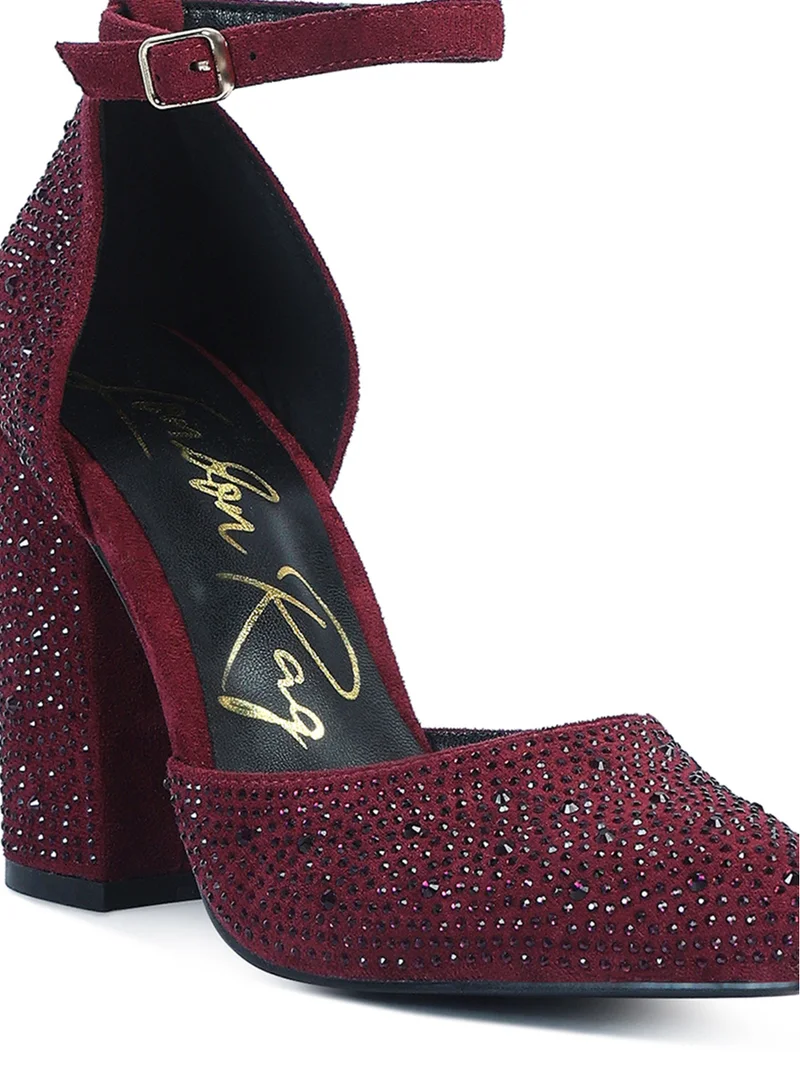 London Rag Microfiber Diamante Block Heeled Sandal in Burgundy