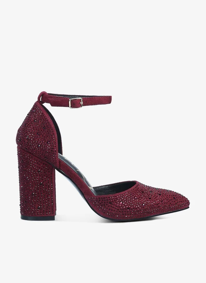 Microfiber Diamante Block Heeled Sandal in Burgundy